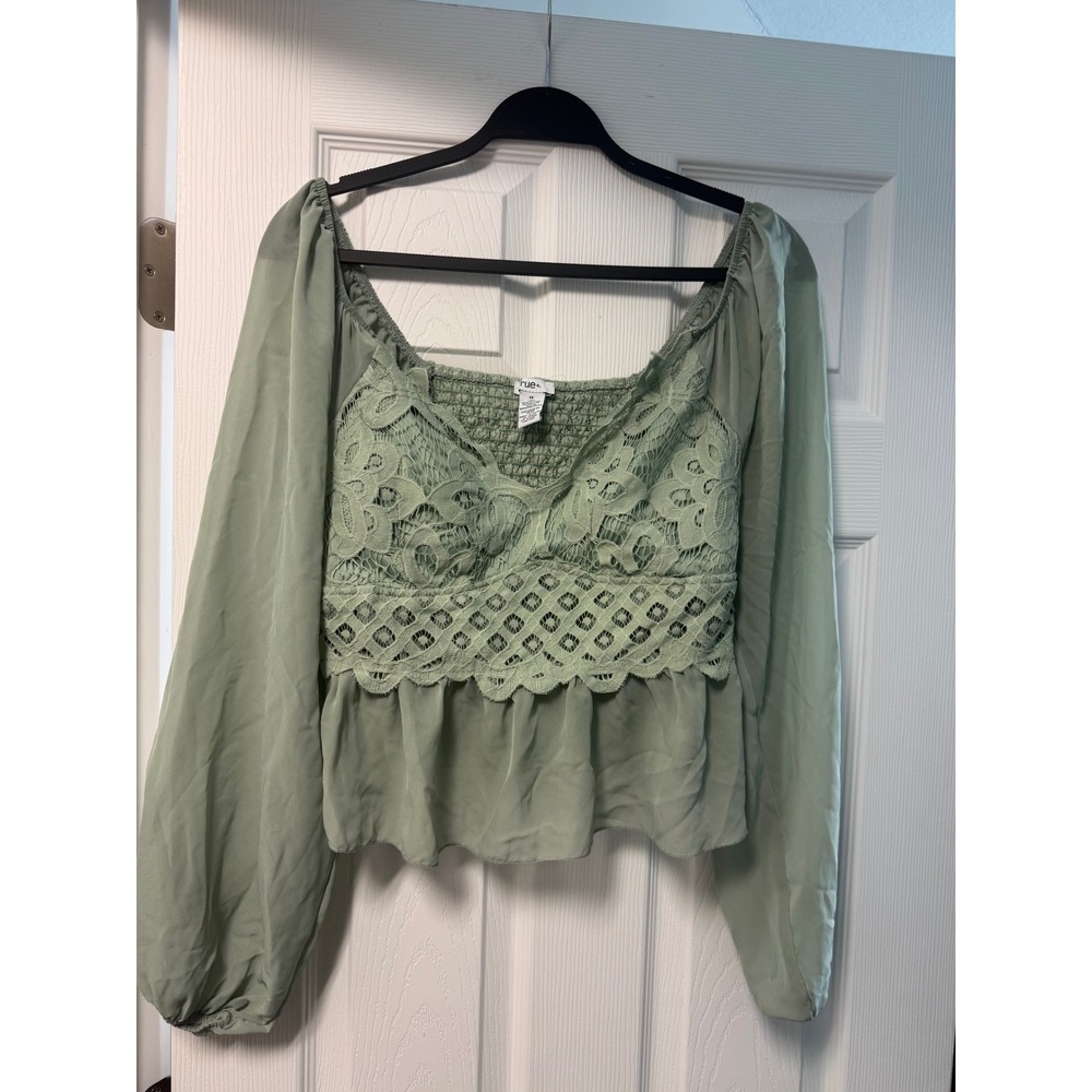 Rue21 Sage Green Lace Smocked Peplum Top Long Balloon Sleeve Women Boho